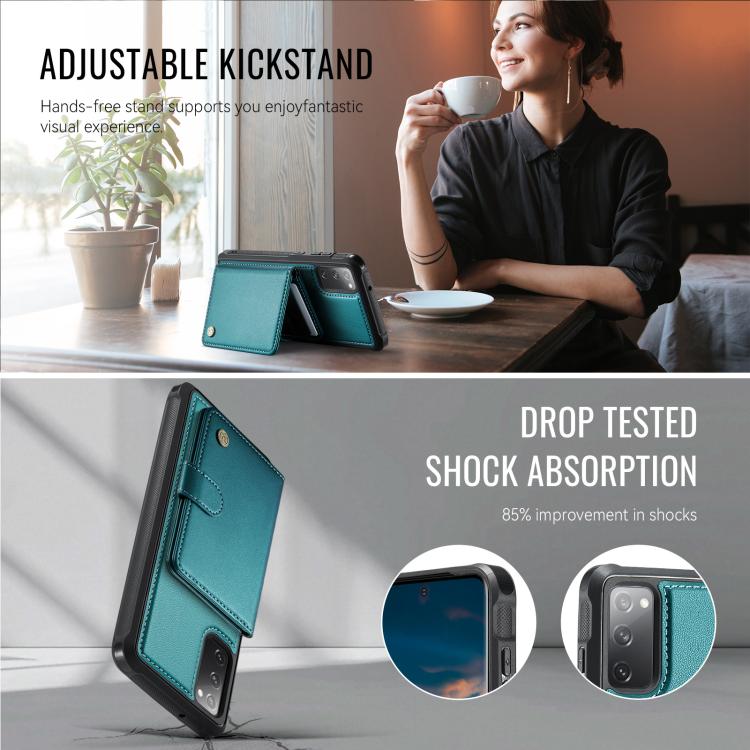 For Samsung Galaxy S20 FE JEEHOOD J09 Buckle Card Bag MagSafe Magnetic Style RFID Leather Phone Case
