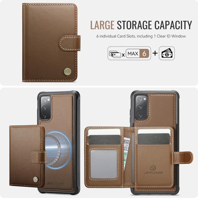 For Samsung Galaxy S20 FE JEEHOOD J09 Buckle Card Bag MagSafe Magnetic Style RFID Leather Phone Case