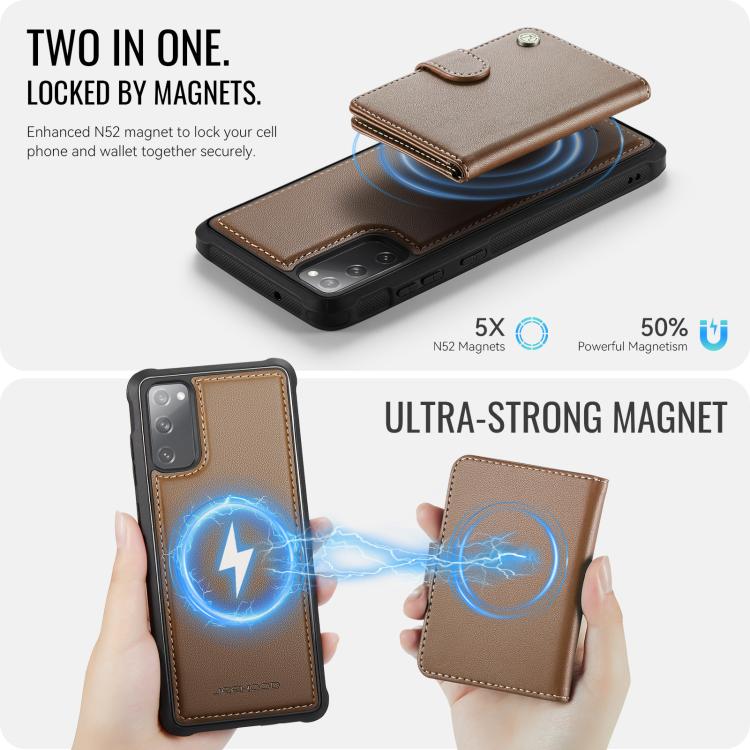 For Samsung Galaxy S20 FE JEEHOOD J09 Buckle Card Bag MagSafe Magnetic Style RFID Leather Phone Case
