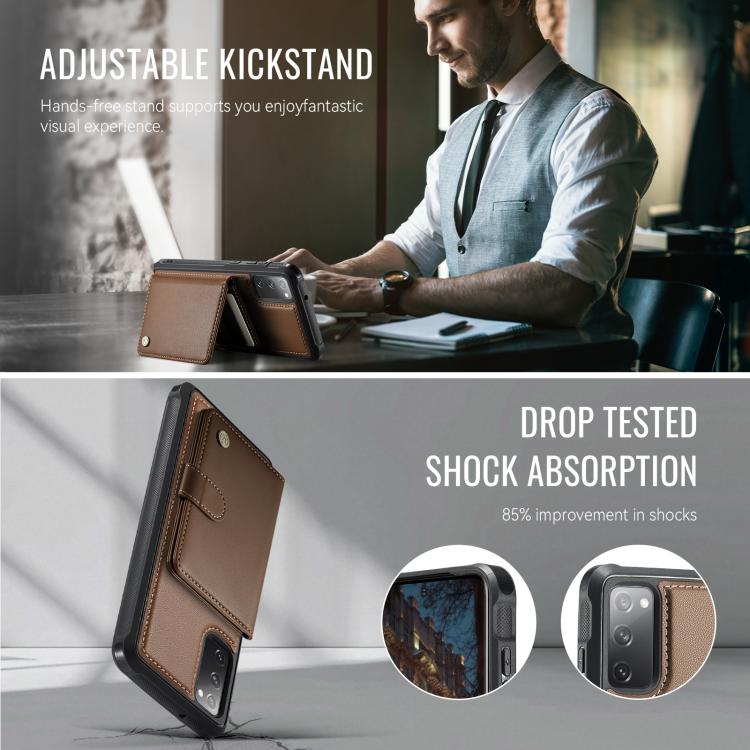 For Samsung Galaxy S20 FE JEEHOOD J09 Buckle Card Bag MagSafe Magnetic Style RFID Leather Phone Case