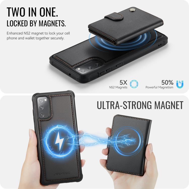 For Samsung Galaxy S20 FE JEEHOOD J09 Buckle Card Bag MagSafe Magnetic Style RFID Leather Phone Case