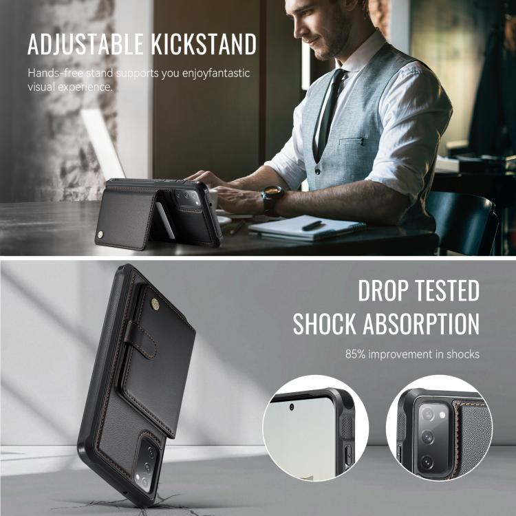For Samsung Galaxy S20 FE JEEHOOD J09 Buckle Card Bag MagSafe Magnetic Style RFID Leather Phone Case