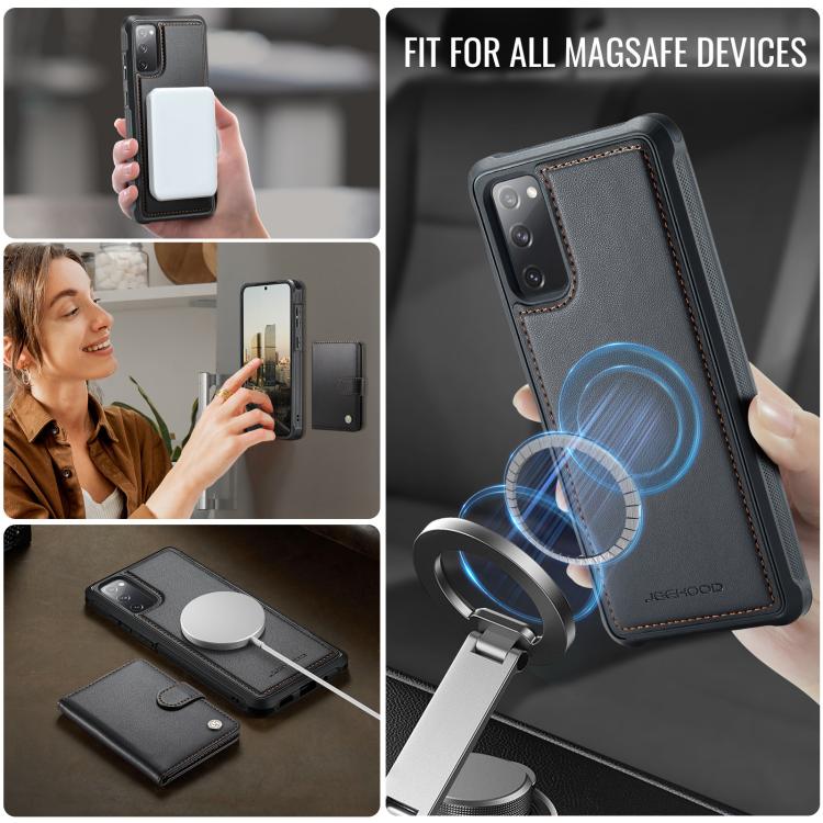 For Samsung Galaxy S20 FE JEEHOOD J09 Buckle Card Bag MagSafe Magnetic Style RFID Leather Phone Case