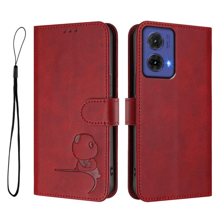For Motorola Moto G85 5G Litter Panda Embossing RFID Leather Phone Case with Lanyard
