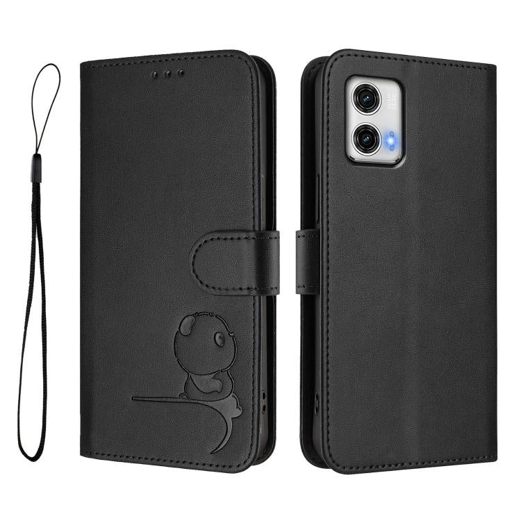 For Motorola Moto G73 5G Litter Panda Embossing RFID Leather Phone Case with Lanyard