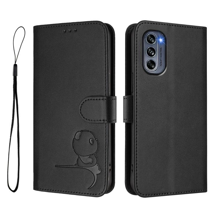 For Motorola Moto G62 5G / India Litter Panda Embossing RFID Leather Phone Case with Lanyard
