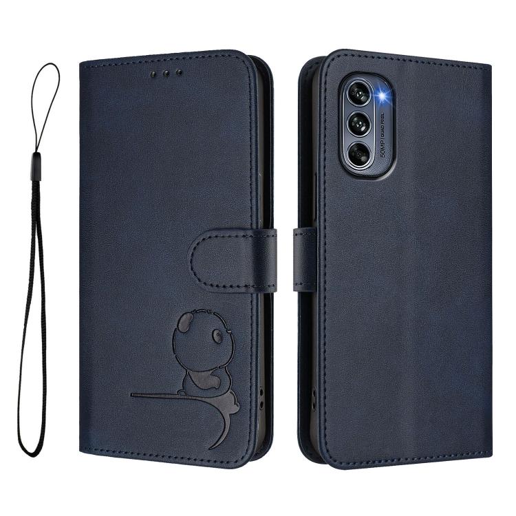For Motorola Moto G62 5G / India Litter Panda Embossing RFID Leather Phone Case with Lanyard