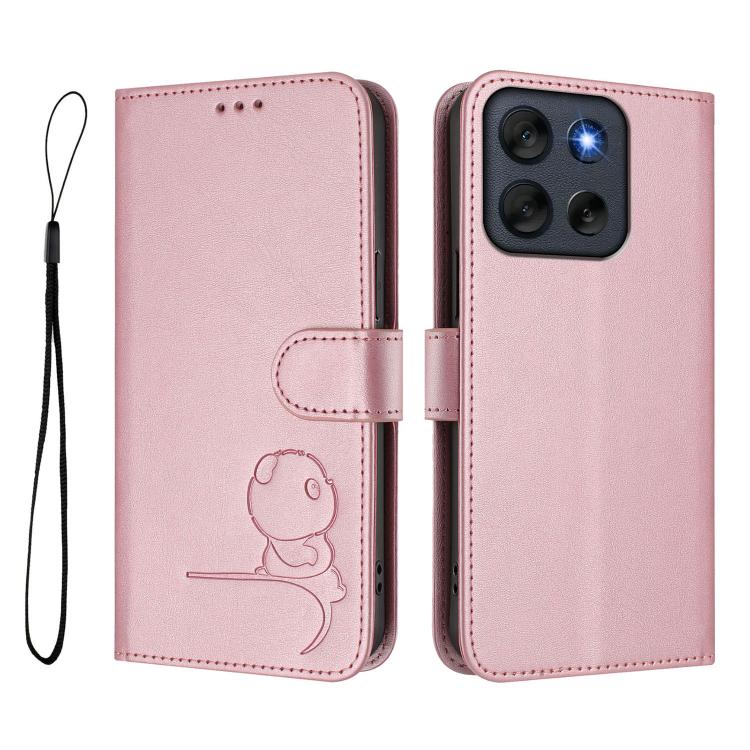 For Motorola Moto G56 Litter Panda Embossing RFID Leather Phone Case with Lanyard