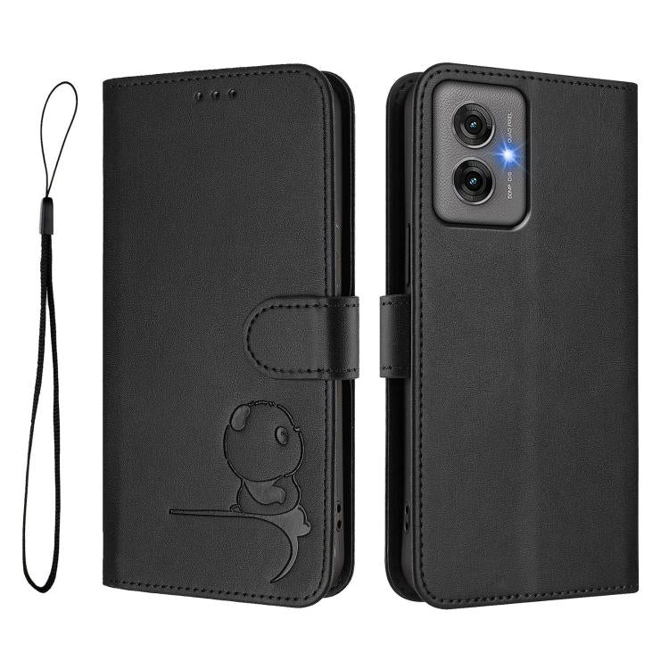 For Motorola Moto G55 5G Litter Panda Embossing RFID Leather Phone Case with Lanyard