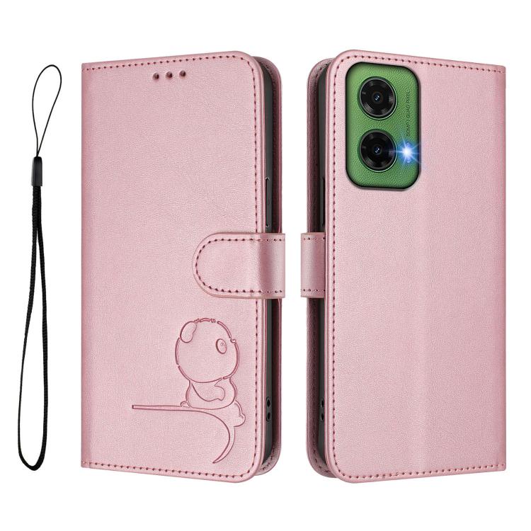 For Motorola Moto G35 5G Litter Panda Embossing RFID Leather Phone Case with Lanyard