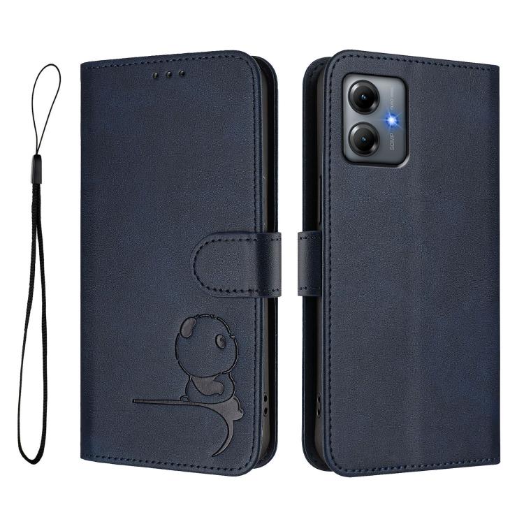For Motorola Moto G14 4G Litter Panda Embossing RFID Leather Phone Case with Lanyard