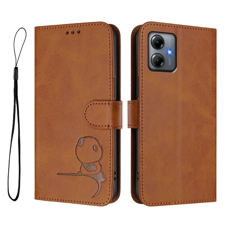 For Motorola Moto G14 4G Litter Panda Embossing RFID Leather Phone Case with Lanyard