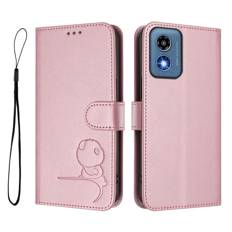For Motorola Moto G Play 5G 2024 Litter Panda Embossing RFID Leather Phone Case with Lanyard