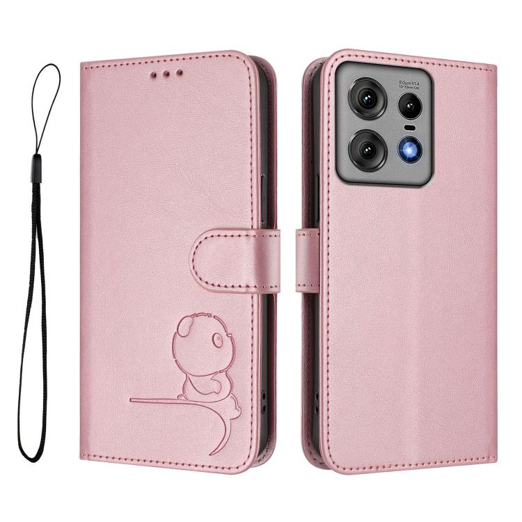 For Motorola Edge 50 Pro Litter Panda Embossing RFID Leather Phone Case with Lanyard