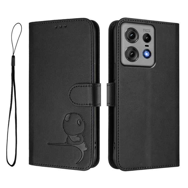 For Motorola Edge 50 Pro Litter Panda Embossing RFID Leather Phone Case with Lanyard