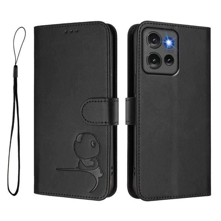 For Motorola Edge 50 Litter Panda Embossing RFID Leather Phone Case with Lanyard