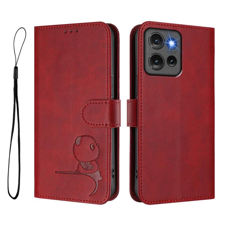 For Motorola Edge 50 Litter Panda Embossing RFID Leather Phone Case with Lanyard