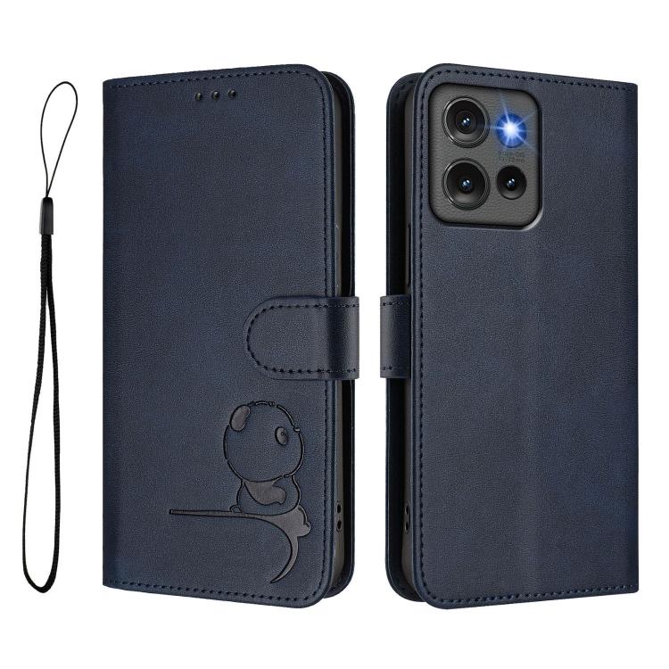 For Motorola Edge 50 Litter Panda Embossing RFID Leather Phone Case with Lanyard
