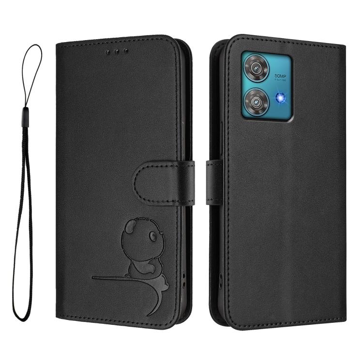 For Motorola Edge 40 Neo Litter Panda Embossing RFID Leather Phone Case with Lanyard