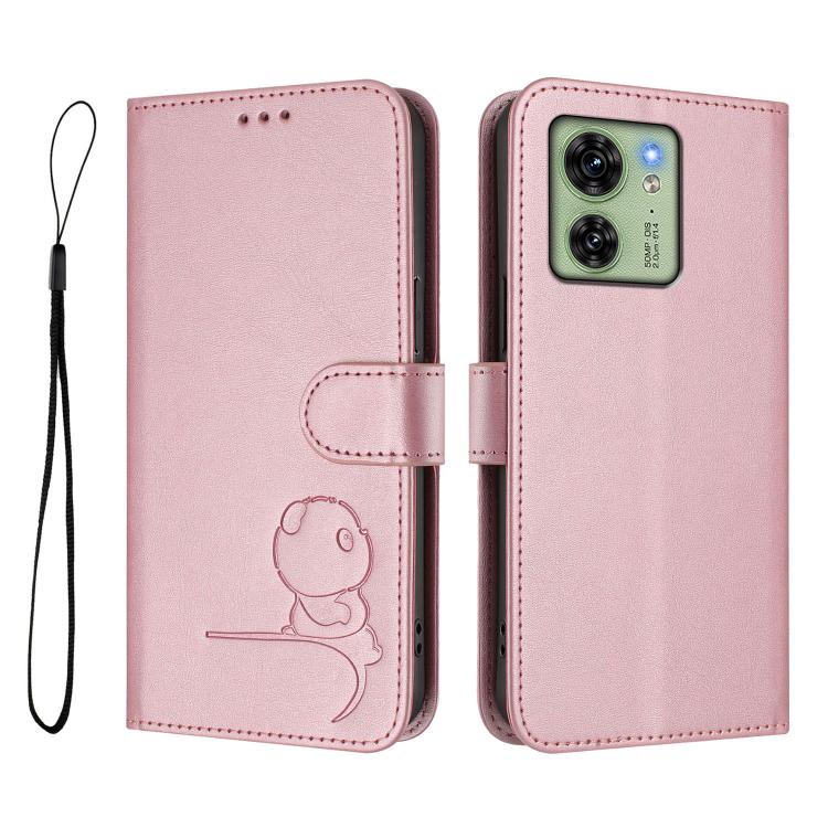 For Motorola Edge 40 Litter Panda Embossing RFID Leather Phone Case with Lanyard