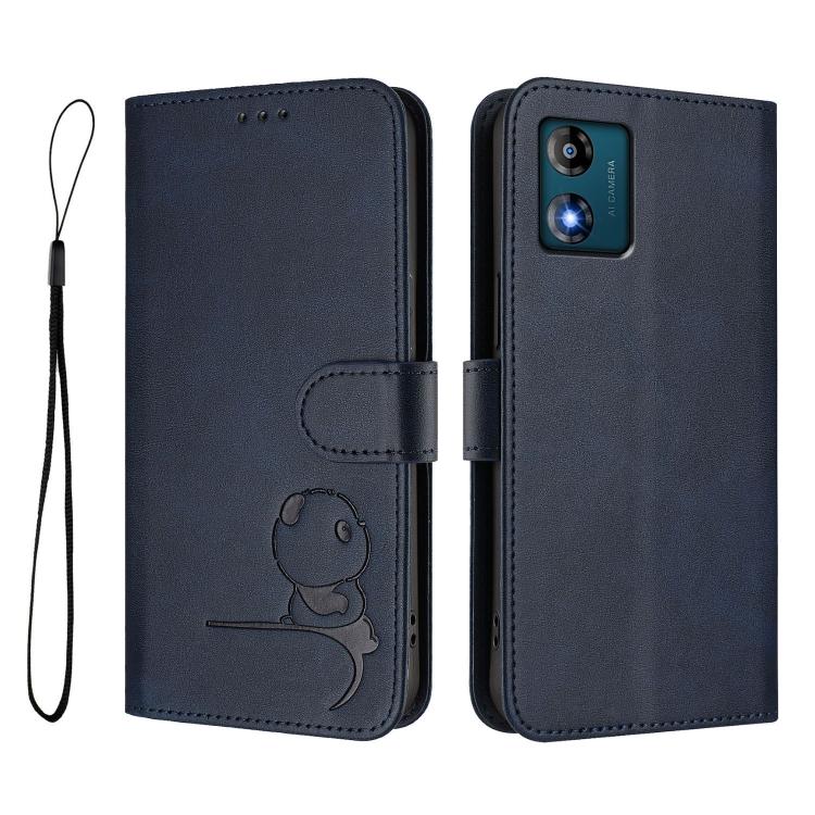 For Motorola Moto E13 Litter Panda Embossing RFID Leather Phone Case with Lanyard