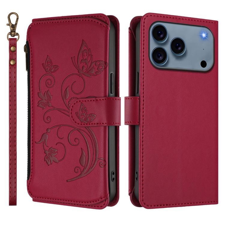 For iPhone 17 Pro Max Butterfly Love Flower Multi-card Zipper Wallet Leather Phone Case
