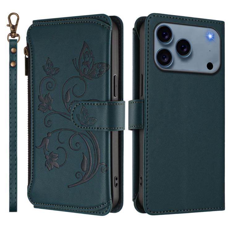 For iPhone 17 Pro Max Butterfly Love Flower Multi-card Zipper Wallet Leather Phone Case