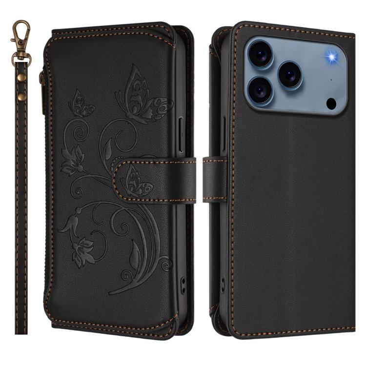 For iPhone 17 Pro Max Butterfly Love Flower Multi-card Zipper Wallet Leather Phone Case
