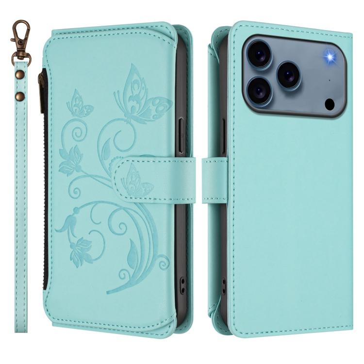 For iPhone 17 Pro Max Butterfly Love Flower Multi-card Zipper Wallet Leather Phone Case
