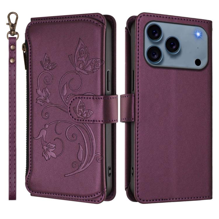 For iPhone 17 Pro Butterfly Love Flower Multi-card Zipper Wallet Leather Phone Case