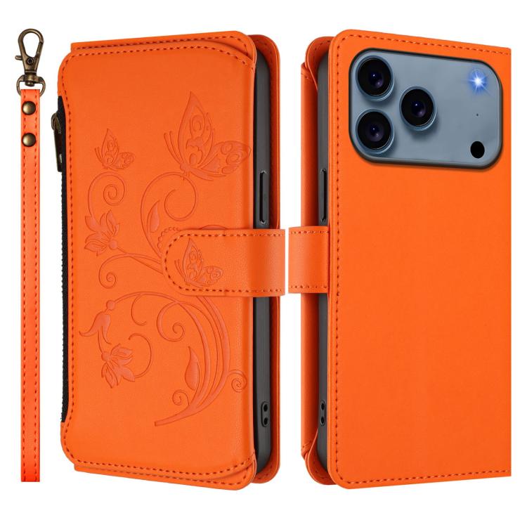 For iPhone 17 Pro Butterfly Love Flower Multi-card Zipper Wallet Leather Phone Case