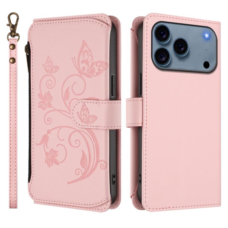 For iPhone 17 Pro Butterfly Love Flower Multi-card Zipper Wallet Leather Phone Case