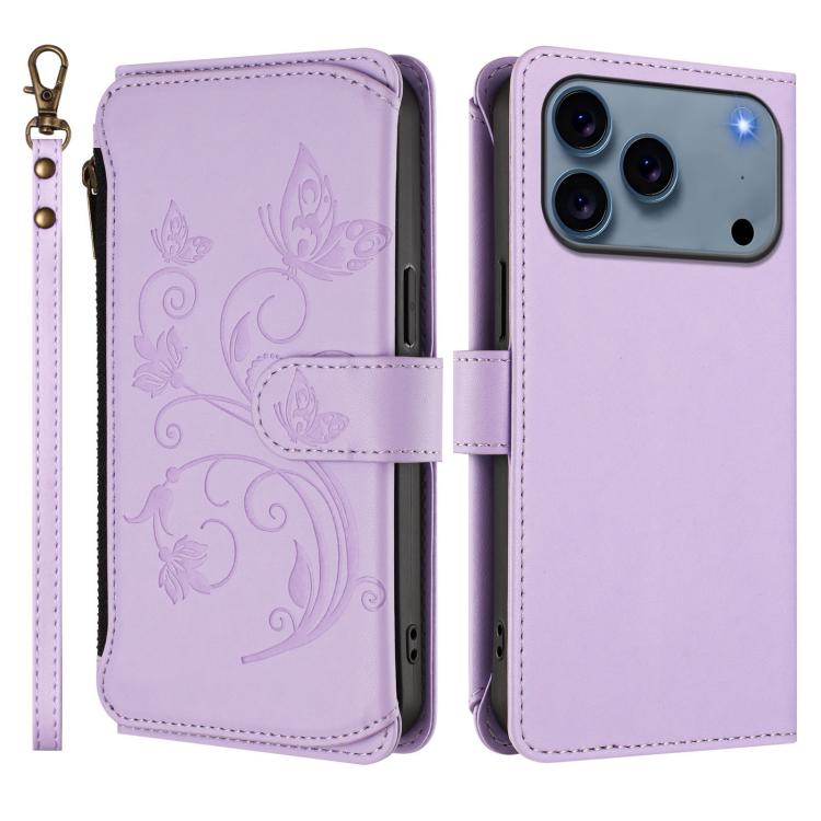 For iPhone 17 Pro Butterfly Love Flower Multi-card Zipper Wallet Leather Phone Case