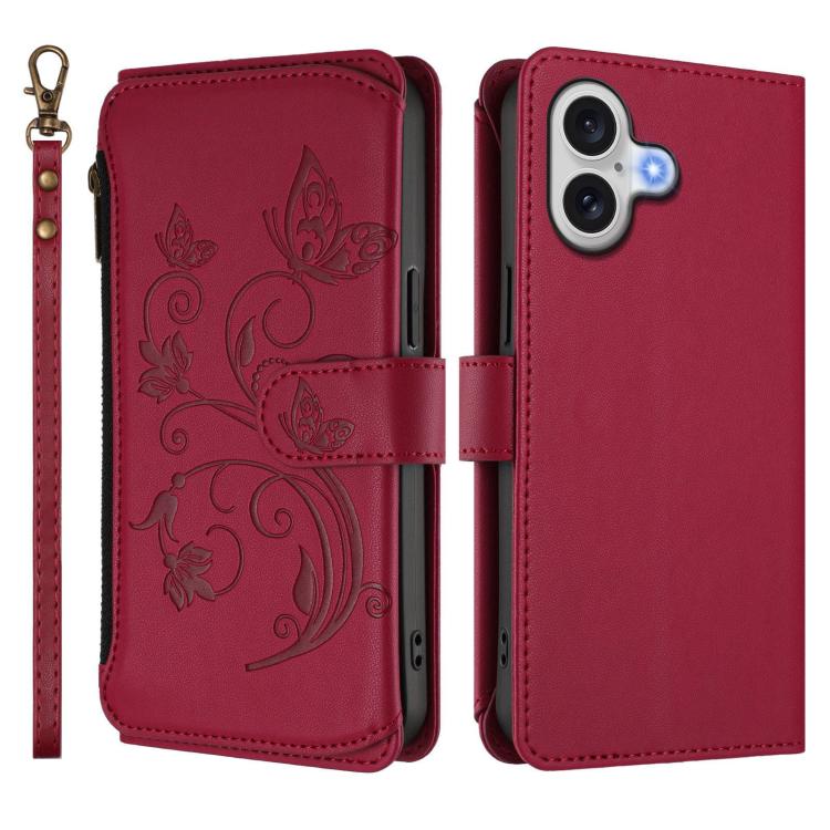For iPhone 17 Butterfly Love Flower Multi-card Zipper Wallet Leather Phone Case