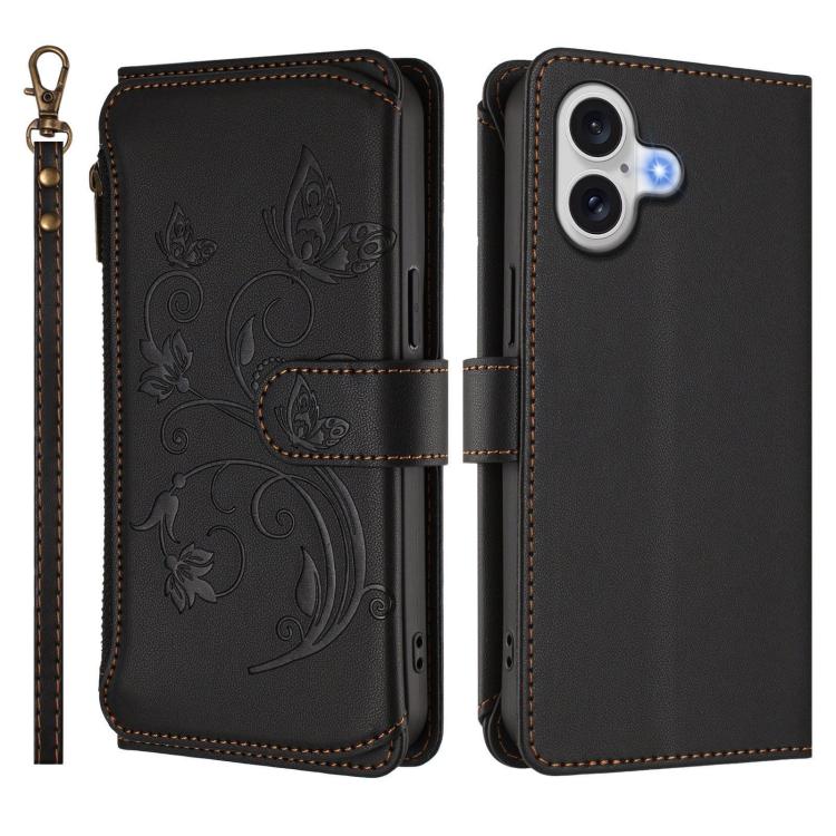 For iPhone 17 Butterfly Love Flower Multi-card Zipper Wallet Leather Phone Case