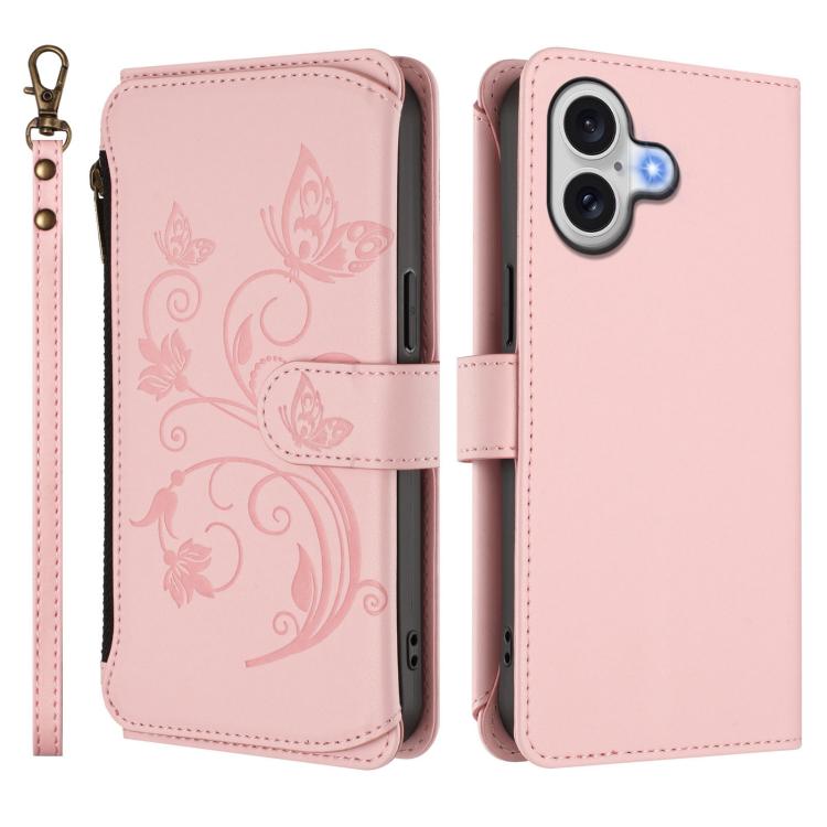 For iPhone 17 Butterfly Love Flower Multi-card Zipper Wallet Leather Phone Case
