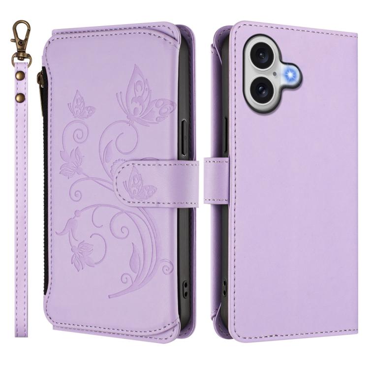 For iPhone 17 Butterfly Love Flower Multi-card Zipper Wallet Leather Phone Case