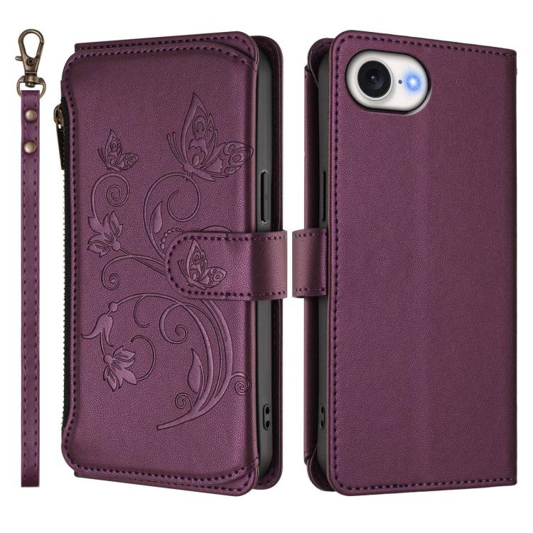 For iPhone 17e / 16e Butterfly Love Flower Multi-card Zipper Wallet Leather Phone Case