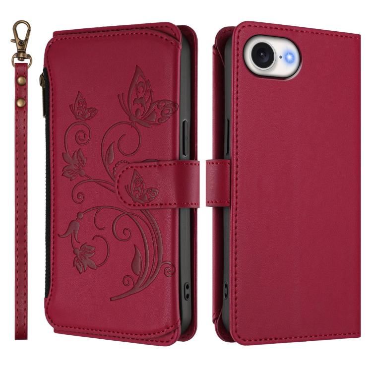 For iPhone 17e / 16e Butterfly Love Flower Multi-card Zipper Wallet Leather Phone Case
