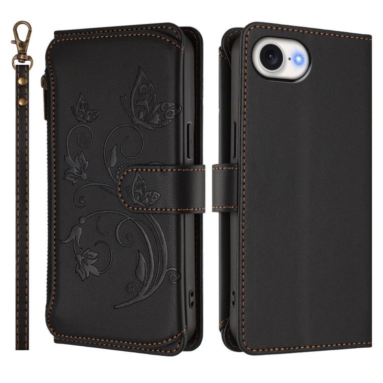 For iPhone 17e / 16e Butterfly Love Flower Multi-card Zipper Wallet Leather Phone Case