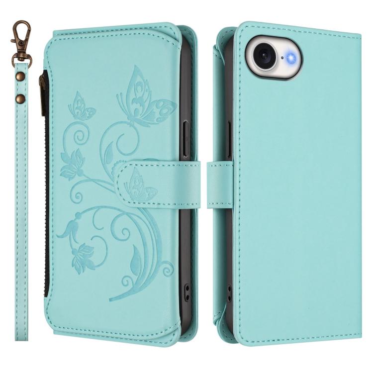 For iPhone 17e / 16e Butterfly Love Flower Multi-card Zipper Wallet Leather Phone Case