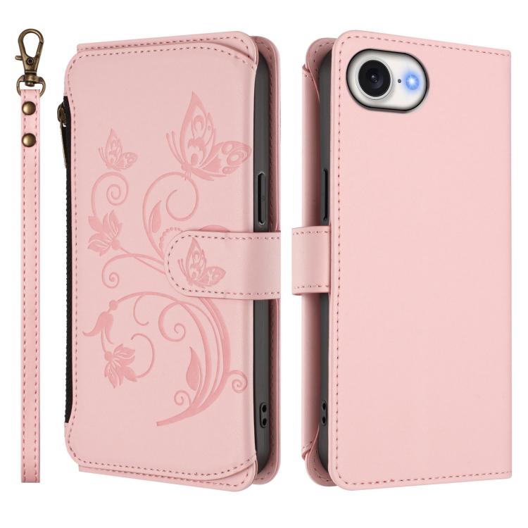 For iPhone 17e / 16e Butterfly Love Flower Multi-card Zipper Wallet Leather Phone Case