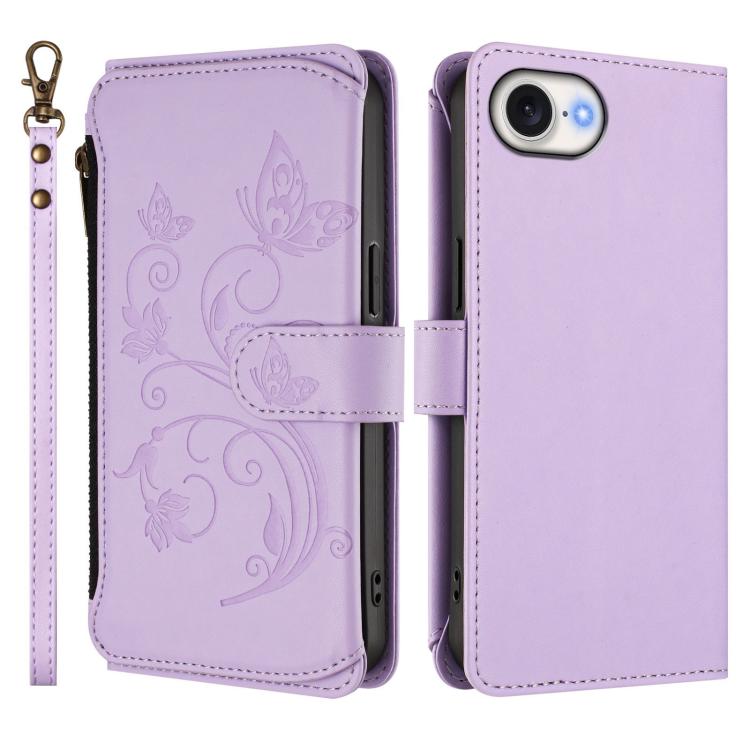 For iPhone 17e / 16e Butterfly Love Flower Multi-card Zipper Wallet Leather Phone Case