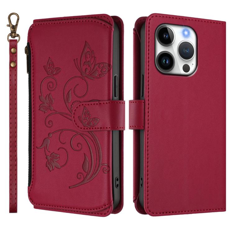 For iPhone 16 Pro Max Butterfly Love Flower Multi-card Zipper Wallet Leather Phone Case