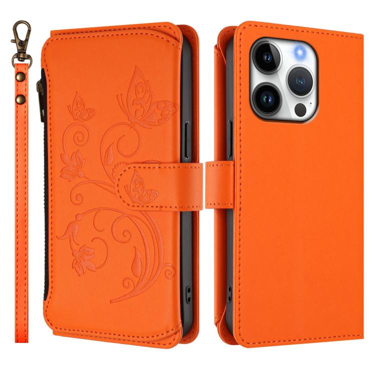 For iPhone 16 Pro Max Butterfly Love Flower Multi-card Zipper Wallet Leather Phone Case