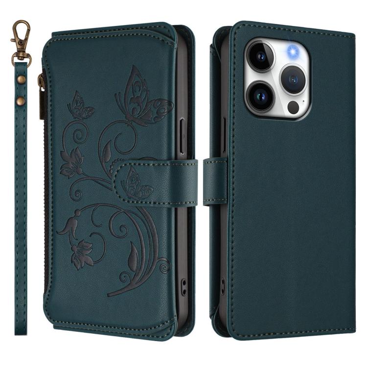 For iPhone 16 Pro Max Butterfly Love Flower Multi-card Zipper Wallet Leather Phone Case