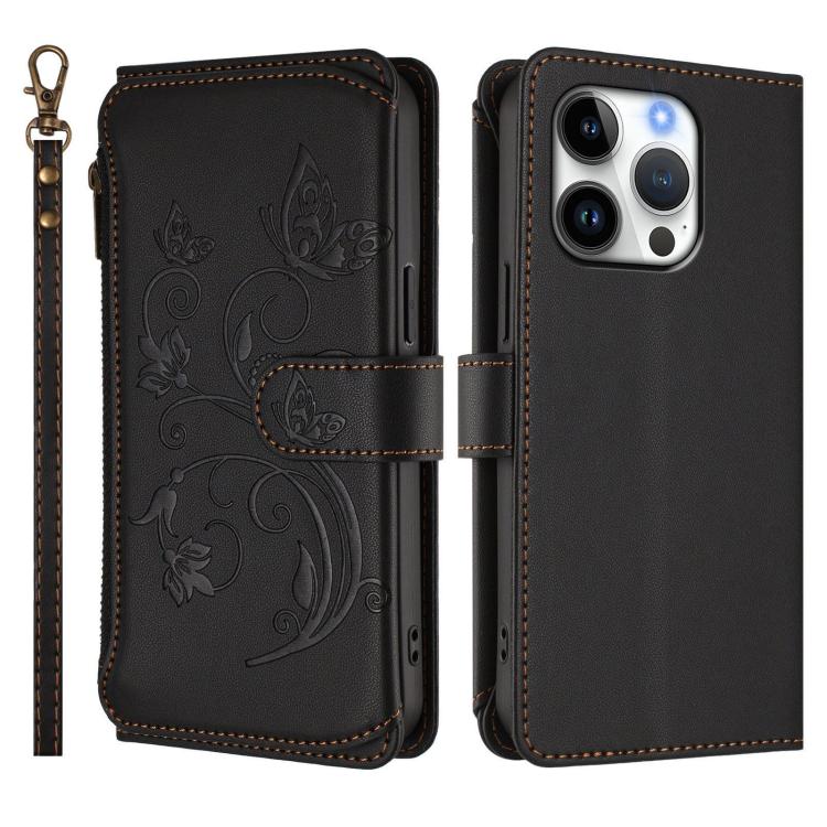 For iPhone 16 Pro Max Butterfly Love Flower Multi-card Zipper Wallet Leather Phone Case