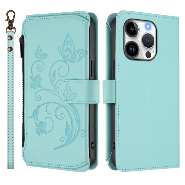 For iPhone 16 Pro Max Butterfly Love Flower Multi-card Zipper Wallet Leather Phone Case