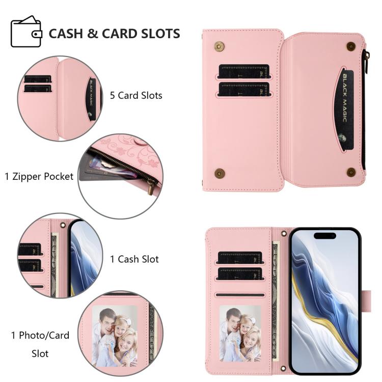 For iPhone 16 Pro Max Butterfly Love Flower Multi-card Zipper Wallet Leather Phone Case