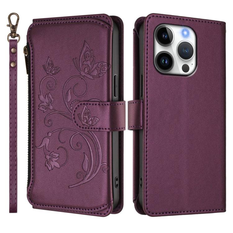 For iPhone 16 Pro Butterfly Love Flower Multi-card Zipper Wallet Leather Phone Case